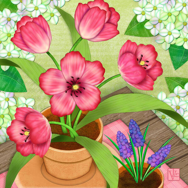 Tulips Art Print featuring the digital art Tulips on a Spring Day by Valerie Drake Lesiak