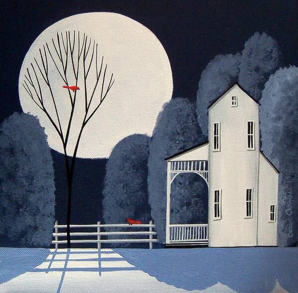 Folk Art Art Print featuring the painting Two Cardinals - birds moon victorian house by Debbie Criswell