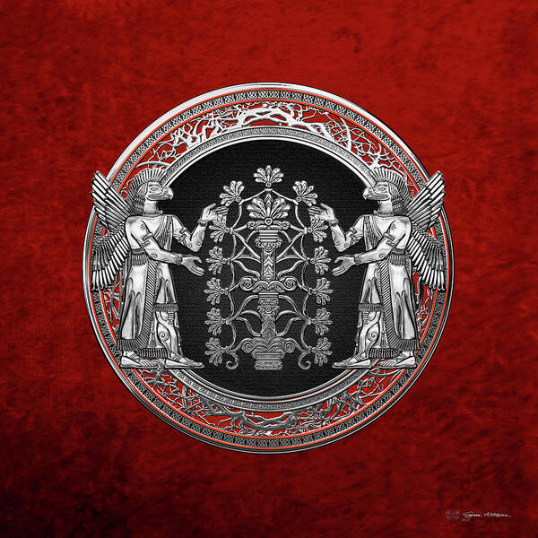 ‘treasures Of Mesopotamia’ Collection By Serge Averbukh Art Print featuring the digital art Two Instances of Silver God Ninurta with Tree of Life over Red Velvet by Serge Averbukh