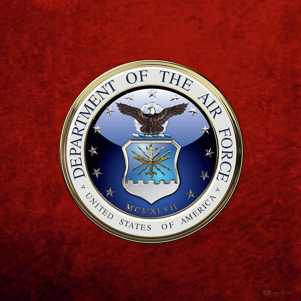 'military Insignia 3d' By Serge Averbukh Art Print featuring the digital art U. S. Air Force - U S A F Emblem over Red Velvet by Serge Averbukh