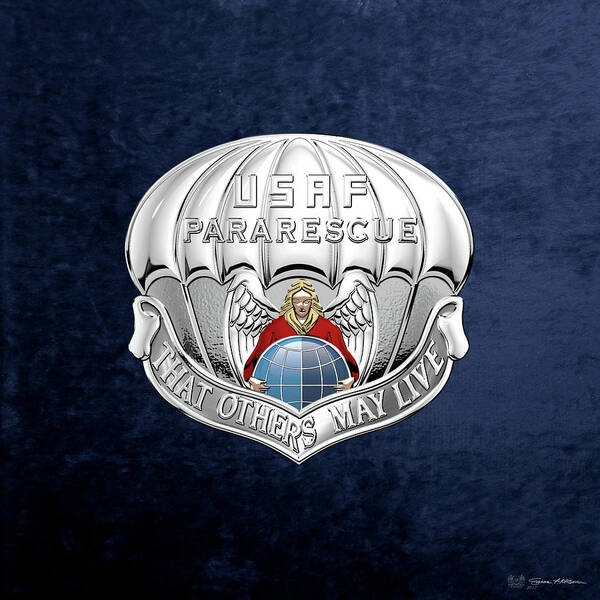 'military Insignia & Heraldry' Collection By Serge Averbukh Art Print featuring the digital art U. S. Air Force Pararescuemen - P J Badge over Blue Velvet by Serge Averbukh