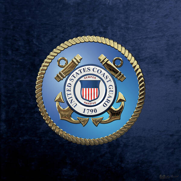 'military Insignia & Heraldry 3d' Collection By Serge Averbukh Art Print featuring the digital art U. S. Coast Guard - U S C G Emblem over Blue Velvet by Serge Averbukh