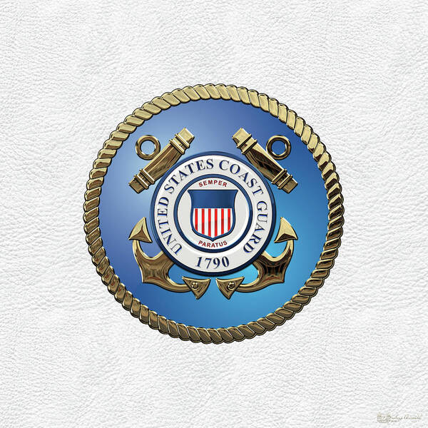 'military Insignia & Heraldry 3d' Collection By Serge Averbukh Art Print featuring the digital art U. S. Coast Guard - U S C G Emblem over White Leather by Serge Averbukh