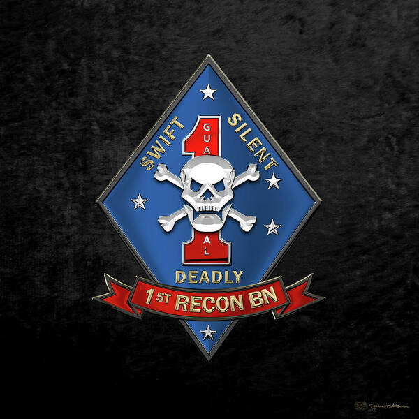 'military Insignia & Heraldry' Collection By Serge Averbukh Art Print featuring the digital art U S M C 1st Reconnaissance Battalion - 1st Recon Bn Insignia over Black Velvet by Serge Averbukh