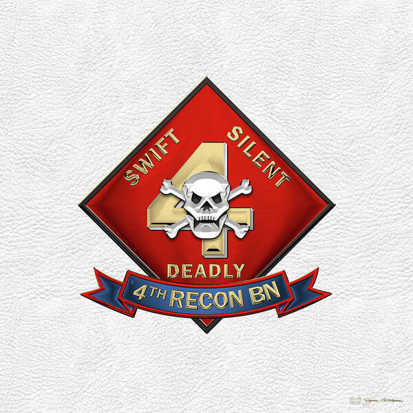 'military Insignia & Heraldry' Collection By Serge Averbukh Art Print featuring the digital art U S M C 4th Reconnaissance Battalion - 4th Recon Bn Insignia over White Leather by Serge Averbukh