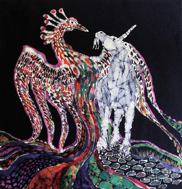 Unicorn Art Print featuring the tapestry - textile Unicorn and Phoenix Merge Paths by Carol Law Conklin