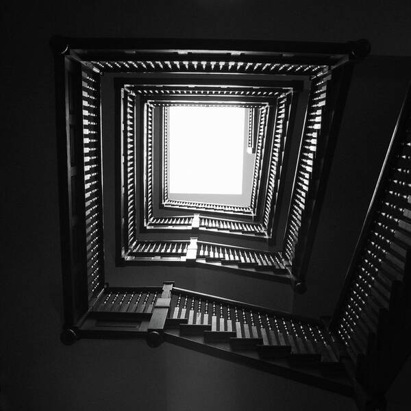 Stairs Art Print featuring the photograph Upstairs- Black and White Photography by Linda Woods by Linda Woods