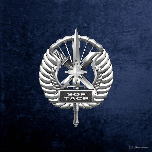 'military Insignia & Heraldry' Collection By Serge Averbukh Art Print featuring the digital art U.S. Air Force Tactical Air Control Party - Special Tactics TACP Crest over Blue Velvet by Serge Averbukh