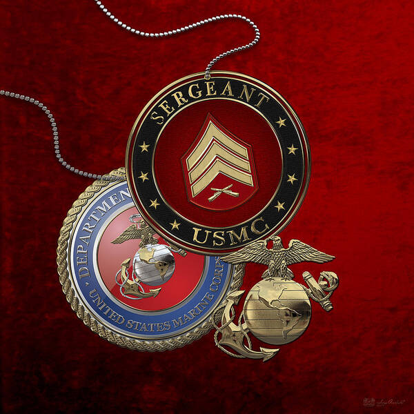 Military Insignia 3d By Serge Averbukh Art Print featuring the digital art U. S. Marines Sergeant - U S M C Sgt Rank Insignia over Red Velvet by Serge Averbukh