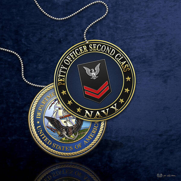 Military Insignia 3d By Serge Averbukh Art Print featuring the digital art U.S. Navy Petty Officer Second Class - PO2 Rank Insignia over Blue Velvet by Serge Averbukh