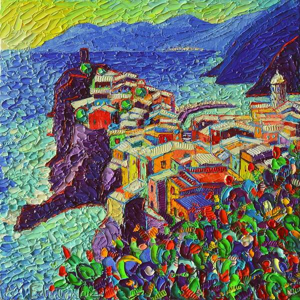 Vernazza Art Print featuring the painting Vernazza Cinque Terre Italy 2 Modern Impressionist Palette Knife Oil Painting By Ana Maria Edulescu by Ana Maria Edulescu