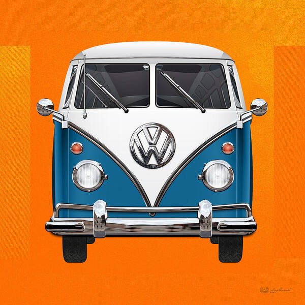 'volkswagen Type 2' Collection By Serge Averbukh Art Print featuring the digital art Volkswagen Type 2 - Blue and White Volkswagen T 1 Samba Bus over Orange Canvas by Serge Averbukh