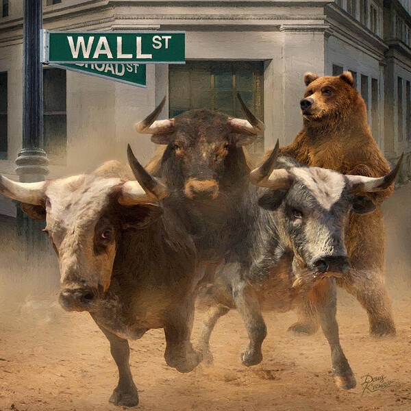 Wall Street --bull And Bear Markets By Doug Kreuger And George Riney Art Print featuring the painting Wall Street -- Bull and Bear Markets by Doug Kreuger