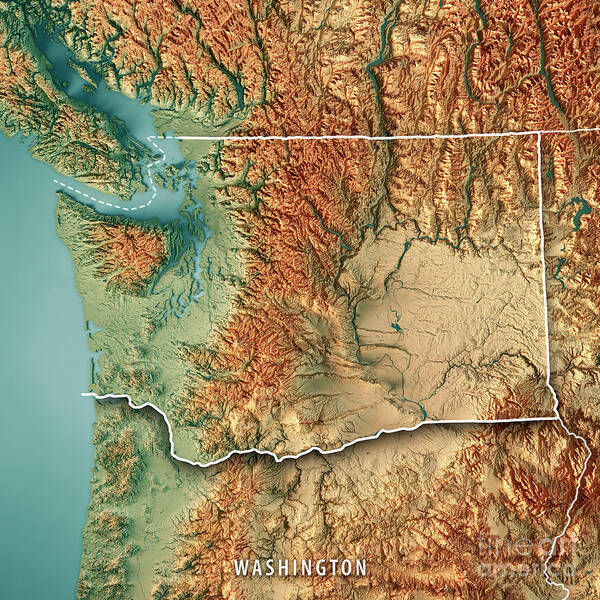 Washington State Usa 3d Render Topographic Map Border Art Print By