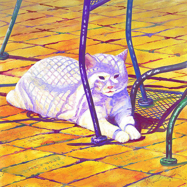 Cat Art Print featuring the painting White Cat On Patio by Connie Williams