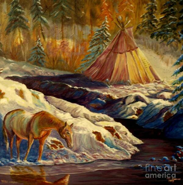 Native American Art Art Print featuring the mixed media Winter Camping by Philip And Robbie Bracco