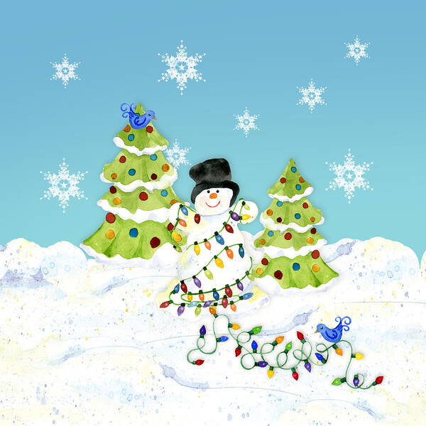 Winter Art Print featuring the painting Winter Snowman - All Tangled up in Lights Snowflakes by Audrey Jeanne Roberts