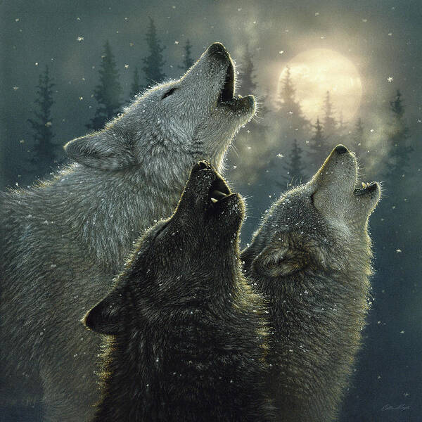 Wolves Art Print featuring the painting Wolves Howling Moon - In Harmony by Collin Bogle