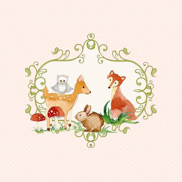 Woodland Art Print featuring the painting Woodland Fairytale - Animals Deer Owl Fox Bunny n Mushrooms by Audrey Jeanne Roberts