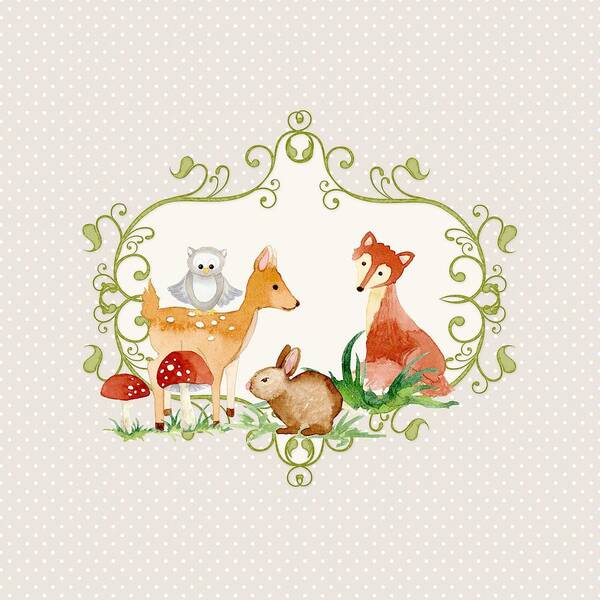Grey Art Print featuring the painting Woodland Fairytale - Grey Animals Deer Owl Fox Bunny n Mushrooms by Audrey Jeanne Roberts