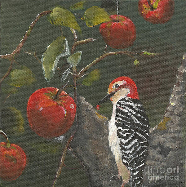 Woodpecker Art Print featuring the painting Woodpecker in Apple Tree by Jan Dappen
