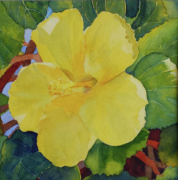 Floral Art Print featuring the painting Yellow Hibiscus by Judy Mercer