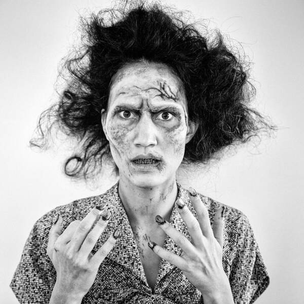 Zombie Art Print featuring the photograph Zombie woman portrait black and white by Matthias Hauser