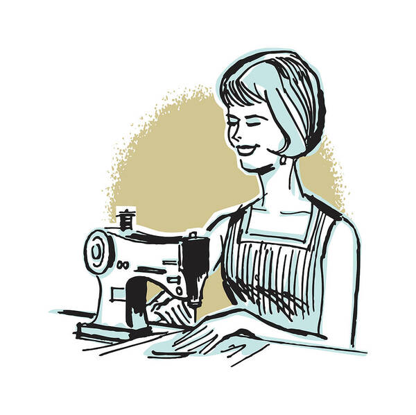 Adult Art Print featuring the drawing Woman Sewing at Sewing Machine #1 by CSA Images
