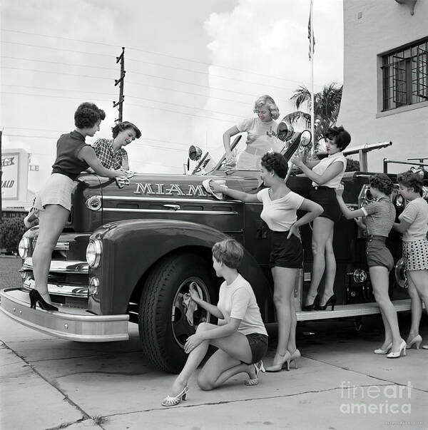 Vintage Art Print featuring the photograph 1950s Miami Fire Truck With Female Models by Retrographs