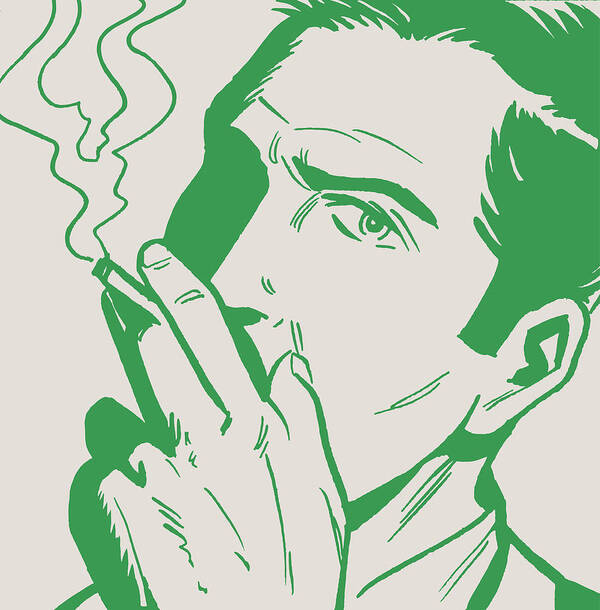 Addiction Art Print featuring the drawing Dark Haired Man Smoking #2 by CSA Images