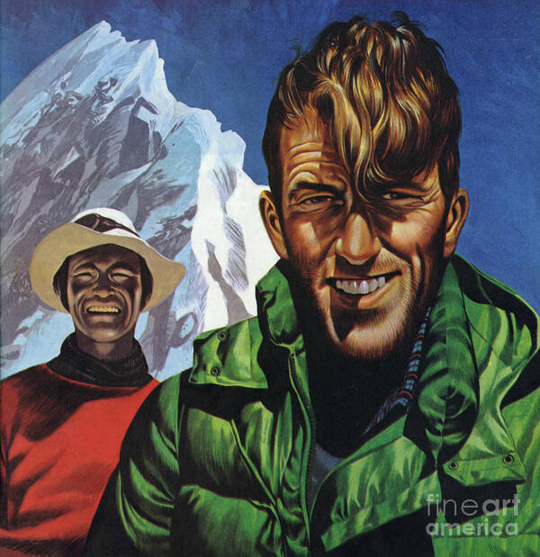 Mountain Art Print featuring the painting Hillary and Tensing in front of Mount Everest by Ron Embleton