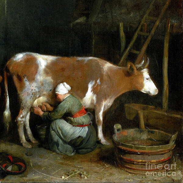 Gerard Ter Borch Art Print featuring the painting A Maid Milking a Cow in a Barn by Audrey Jeanne Roberts
