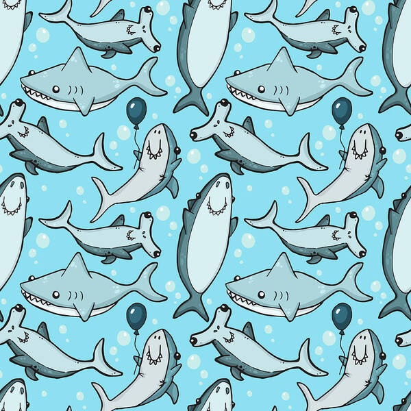 Adorable Shark Party Pattern Art Print featuring the digital art Adorable Shark Party Pattern by Lauren Ramer