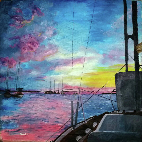 Sky Art Print featuring the painting Art of the Sail At The End of the Day by Annalisa Rivera-Franz