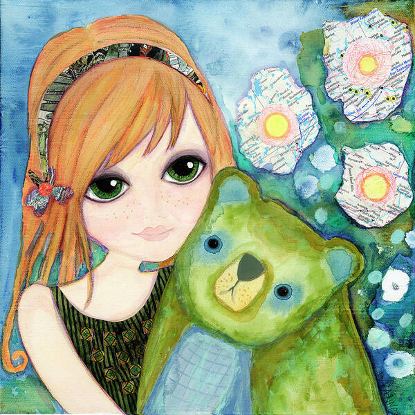 Big Eyed Girl Fast Friends Art Print featuring the painting Big Eyed Girl Fast Friends by Wyanne