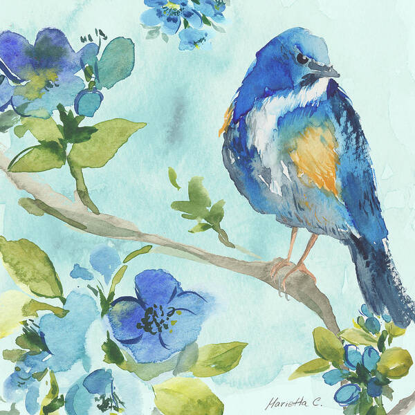 Bird On Branch 2 Art Print featuring the painting Bird On Branch 2 by Marietta Cohen Art And Design