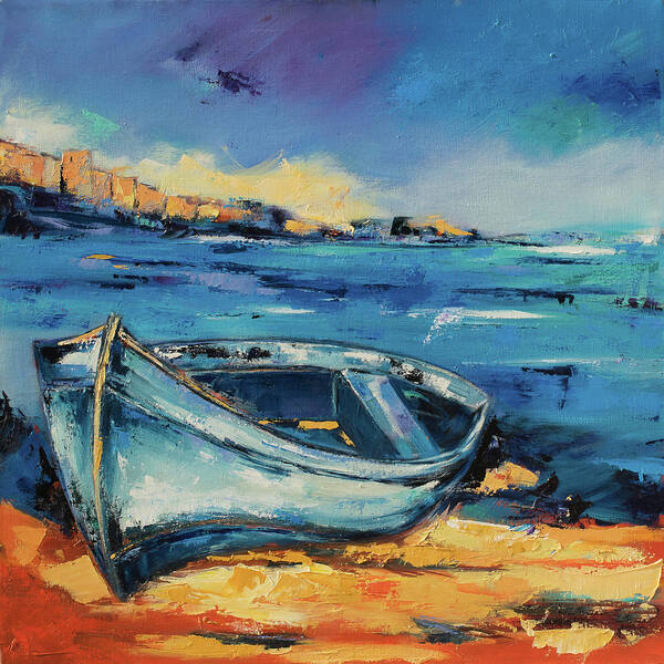 Boat Art Print featuring the painting Blue Boat on the Mediterranean Beach by Elise Palmigiani