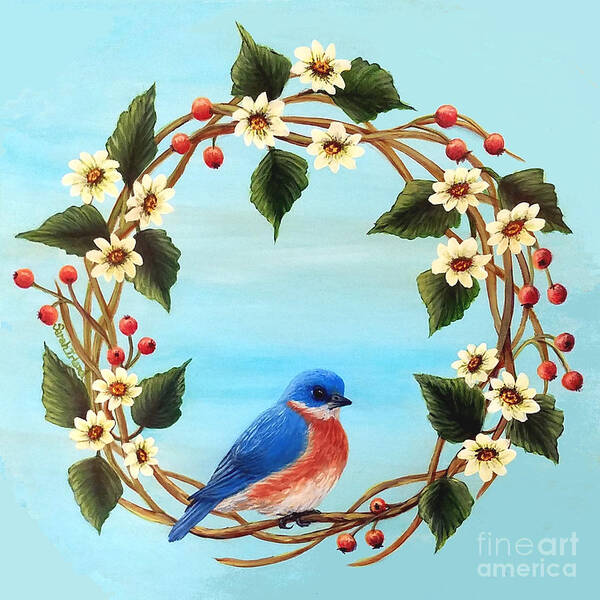 Bluebird Art Print featuring the painting Bluebird Wreath by Sarah Irland