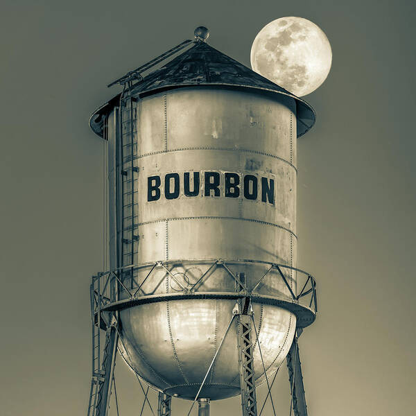 America Art Print featuring the photograph Bourbon Water Tower and Full Supermoon in Sepia by Gregory Ballos