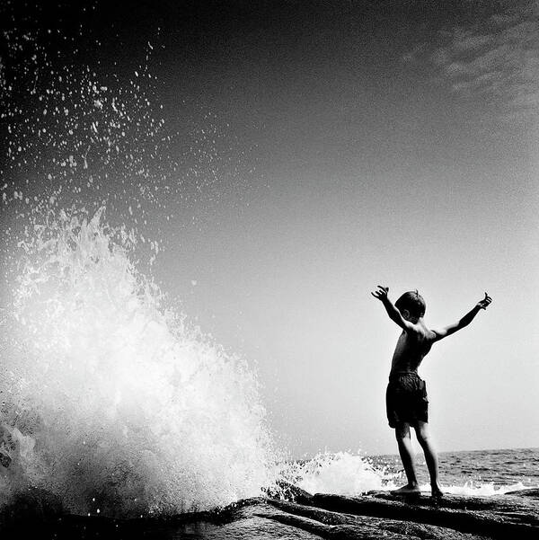 4-5 Years Art Print featuring the photograph Boy In Front Of Wave by Robin Skjoldborg
