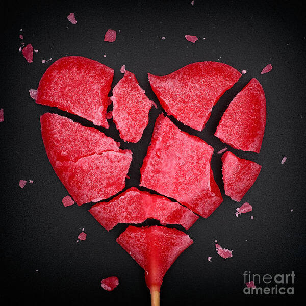 Love Art Print featuring the photograph Broken Red Heart Shaped Lollipop by Stepanpopov