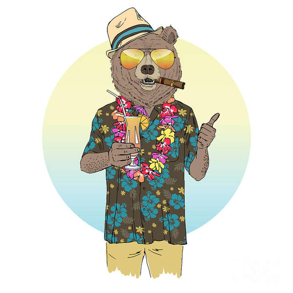 Fancy Art Print featuring the digital art Brown Bear Dressed Up In Aloha Shirt by Olga angelloz