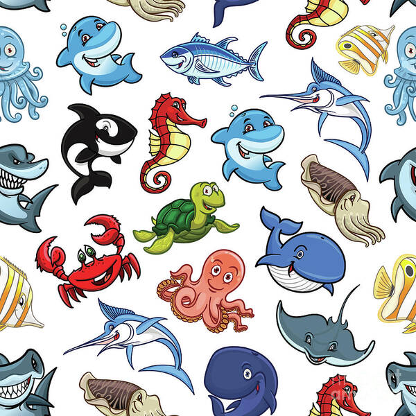 Cartoon Sea Animals, Ocean Fish Art Print by Seamartini 
