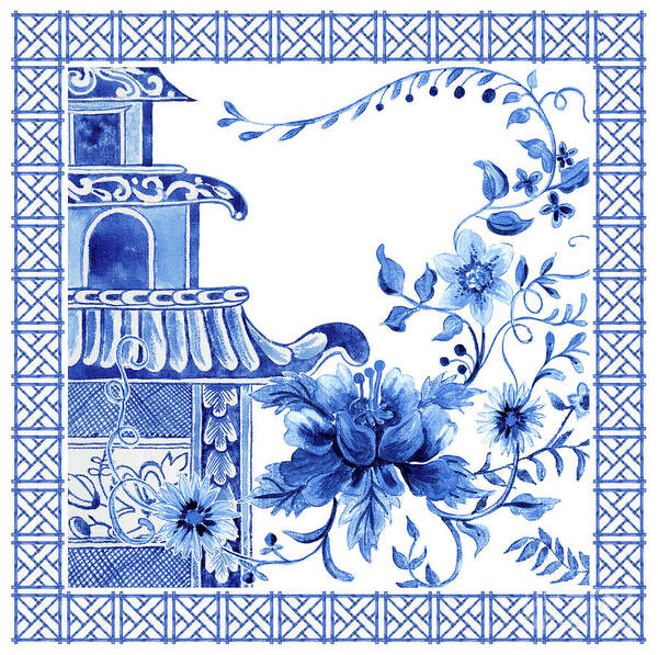 Chinese Art Print featuring the painting Chinoiserie Blue and White Pagoda with Stylized Flowers and Chinese Chippendale Border by Audrey Jeanne Roberts