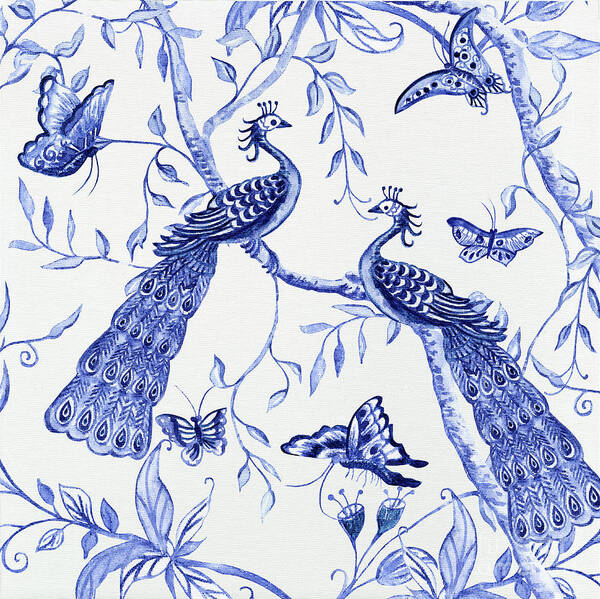 Chinoiserie Art Print featuring the painting Chinoiserie Blue and White Peacocks and Butterflies by Audrey Jeanne Roberts