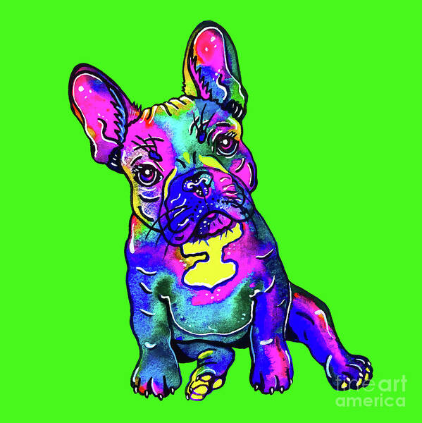 Frenchie Art Print featuring the mixed media Colorful French Bulldog on Green by Zaira Dzhaubaeva