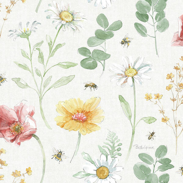 Bees Art Print featuring the mixed media Daisy Days Pattern Ia by Beth Grove