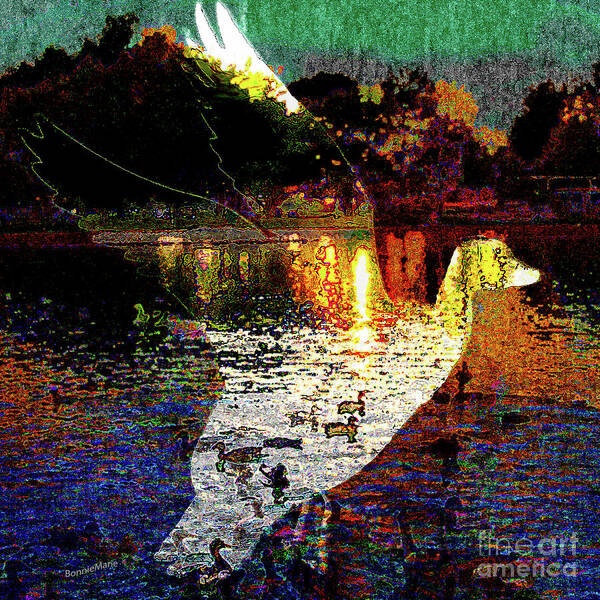 Duckpond Art Print featuring the painting Duckpond at Dusk.flight over lake by Bonnie Marie