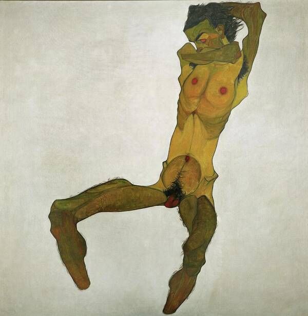 Egon Schiele Art Print featuring the painting EGON SCHIELE Sitzender Mannerakt -Selbstdarstellung- Seated Male Nude -Self-Portrait-, 1910. by Egon Schiele