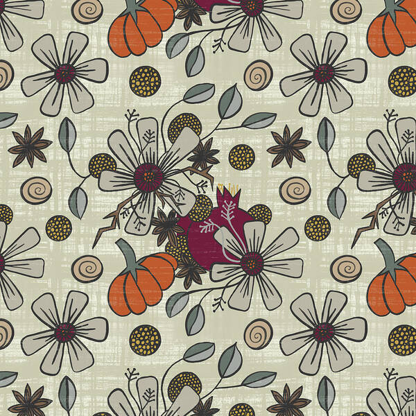 Harvest Art Print featuring the painting Fall Pumpkin Botanical Pattern Cream Background by Jen Montgomery